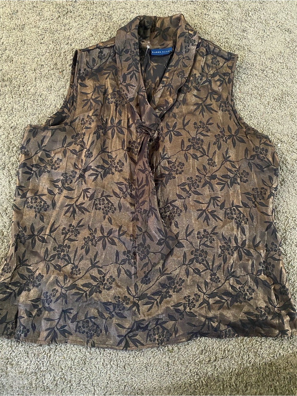 Karen Scott Metallic Brown Floral Tie-Neck Sleeveless Top size XL